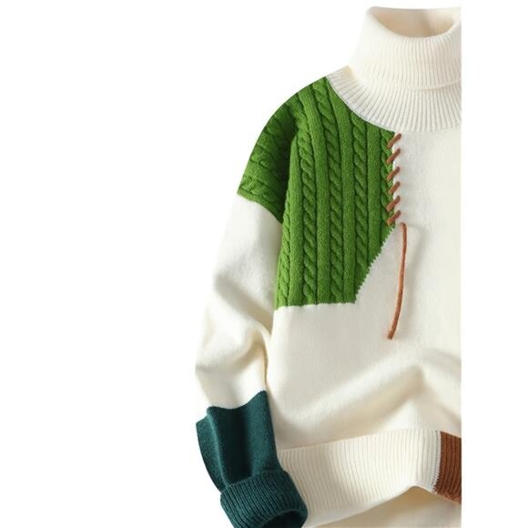 Men's Slim Fit Geometric Pattern Knit Pullover Sweater - High Neck Long Sleeve, - Picture 3 of 5